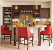 kitchen with red chairs